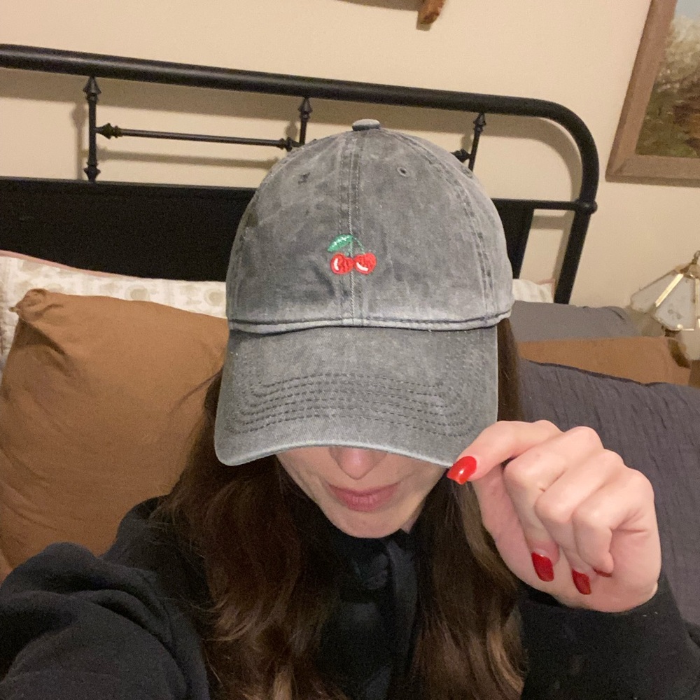 Brandy Melville Gray Red Cherry Graphic Baseball Cap Hat — OS